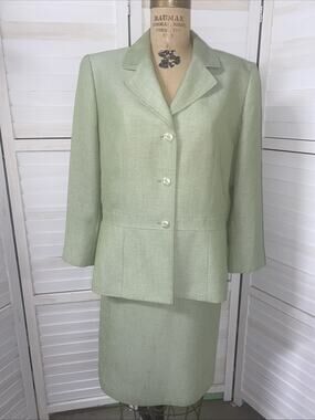 90s SUIT STUDIO 2pc Green Polyester SKIRT SUIT Sz 16 Pencil Lined Single Breast